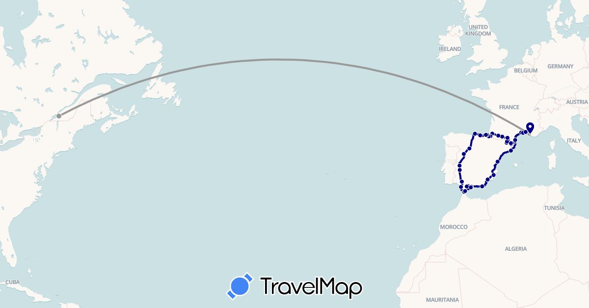 TravelMap itinerary: driving, plane in Andorra, Canada, Spain, France (Europe, North America)