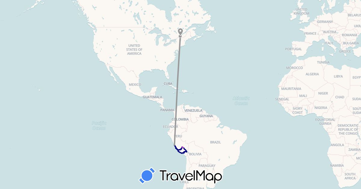 TravelMap itinerary: driving, plane, train, boat in Canada, Peru (North America, South America)
